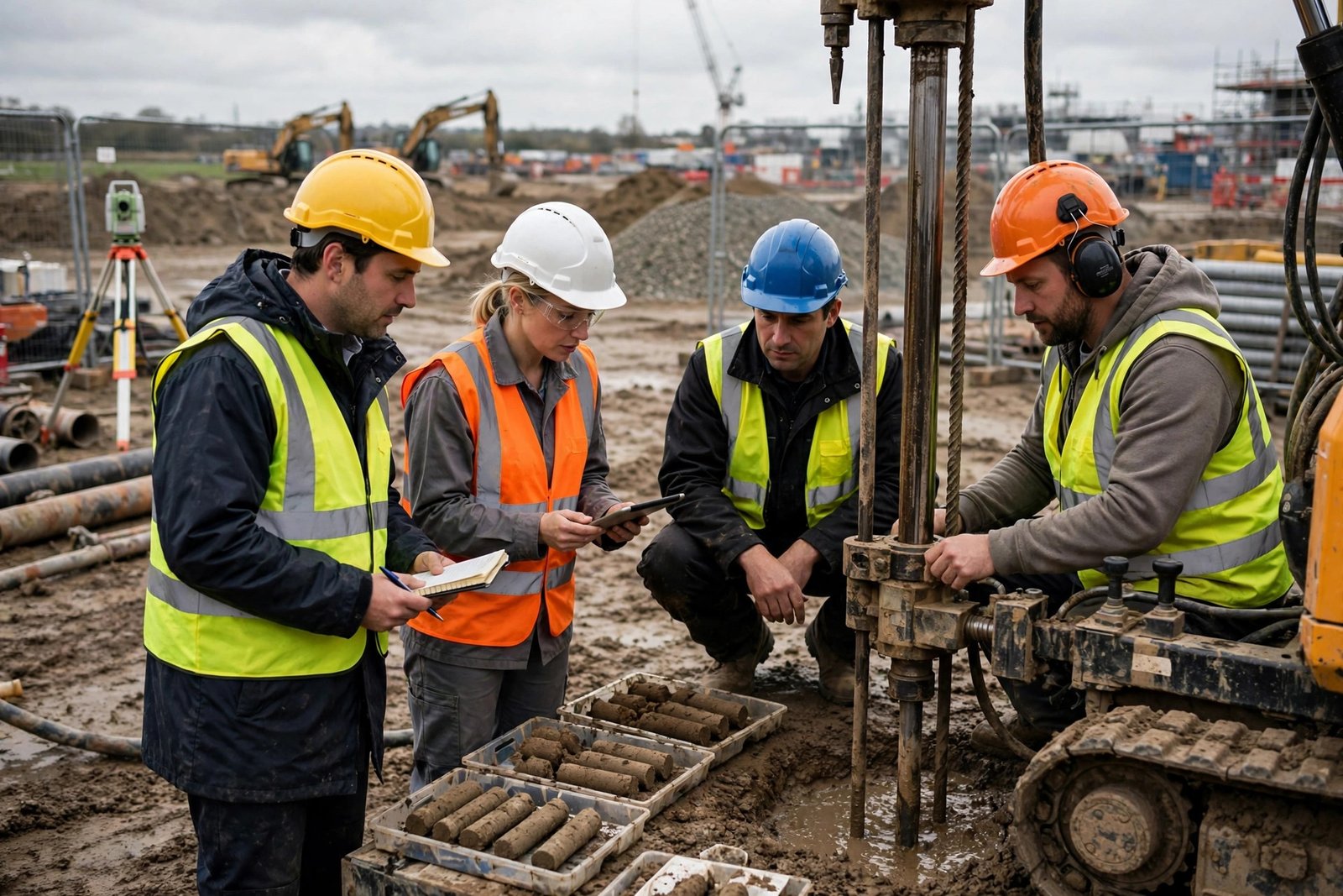 Engineers conducting ground investigation drilling at a construction site