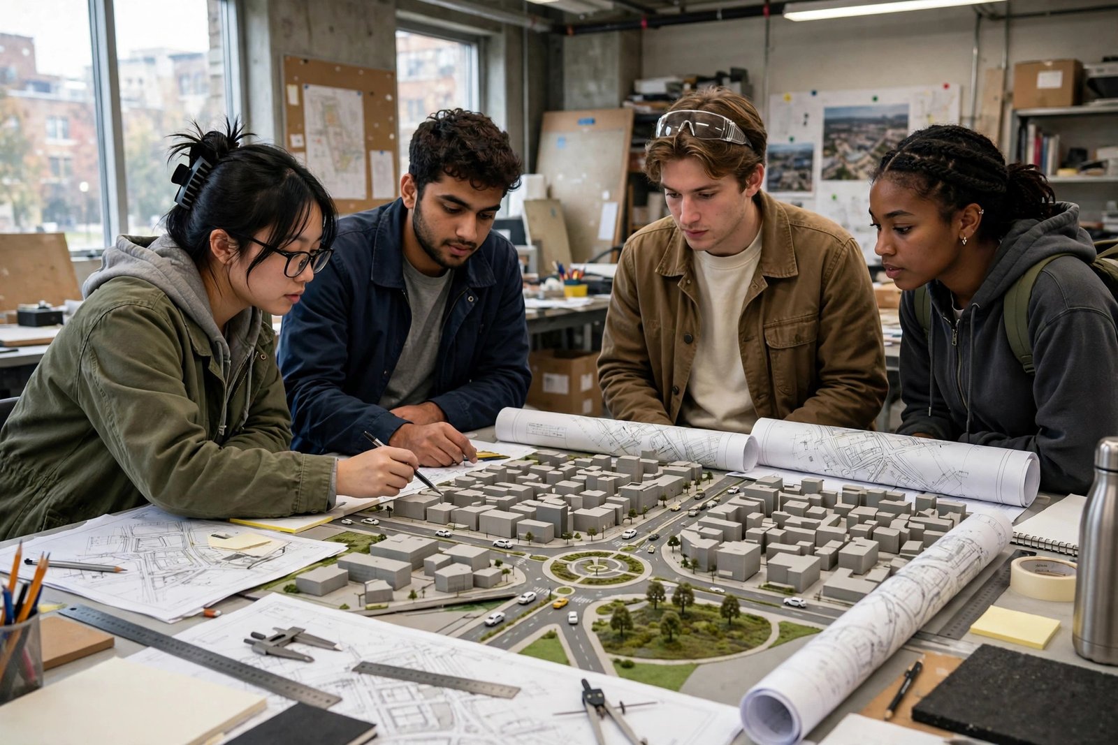 Transportation engineering students studying a city traffic model and road network plans
