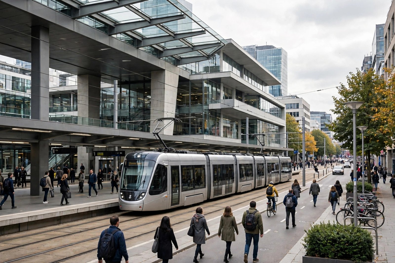 A modern railway station and electric tram in a busy city