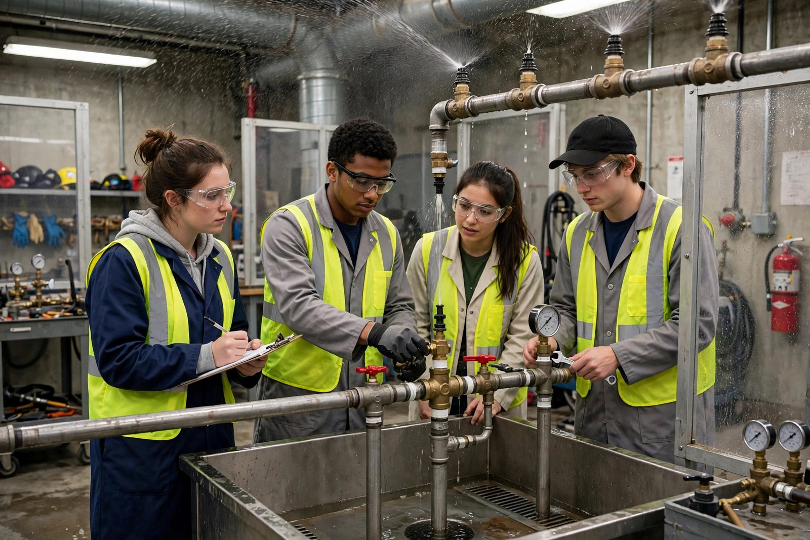 Engineering students testing fire suppression equipment in a university laboratory