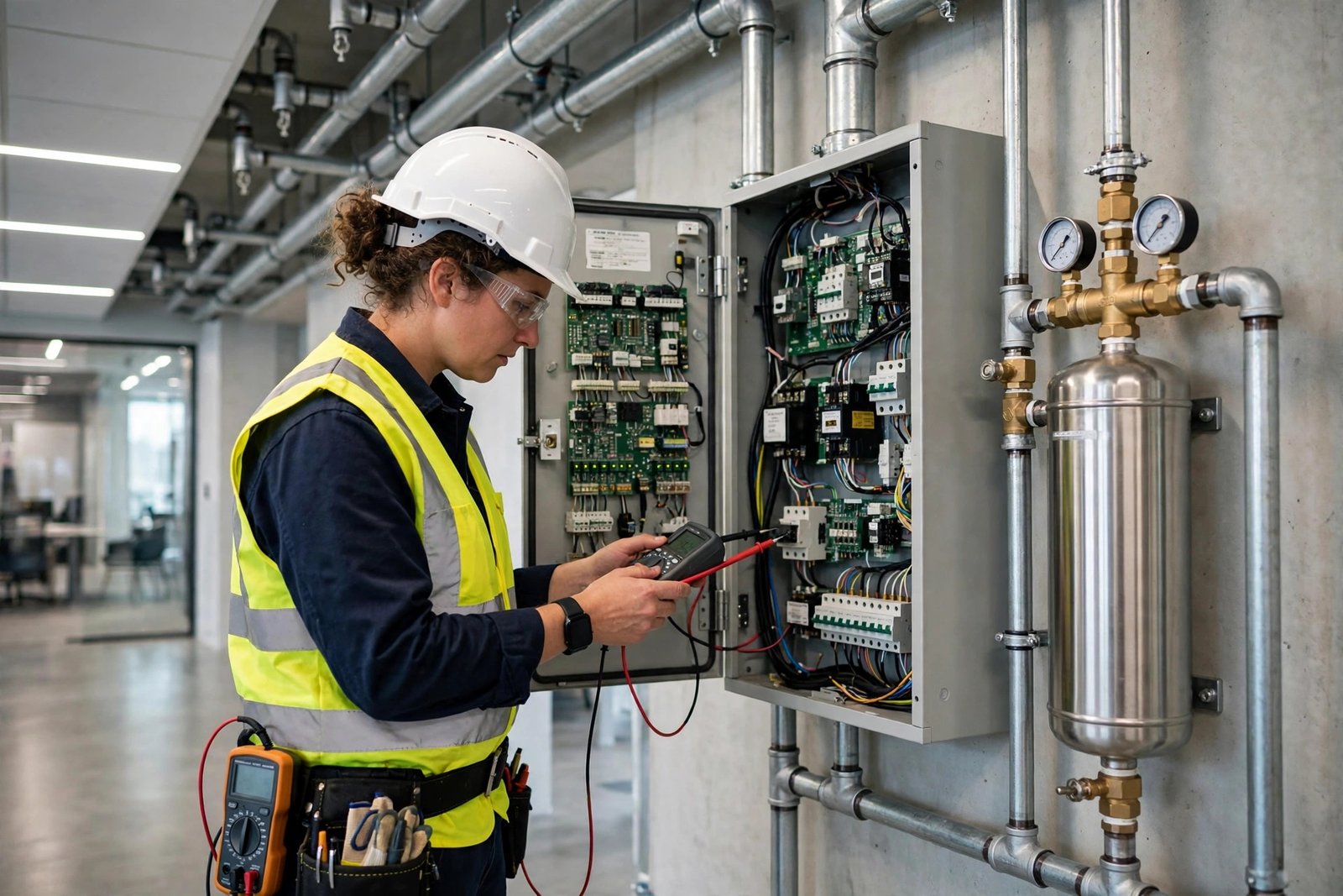 Fire protection engineer inspecting a sprinkler system in a modern building