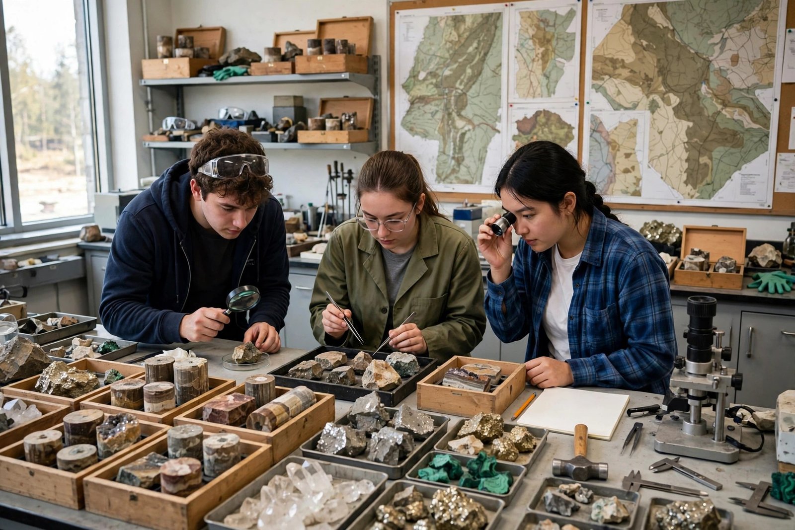 Rock core samples and geological maps in a mining engineering laboratory