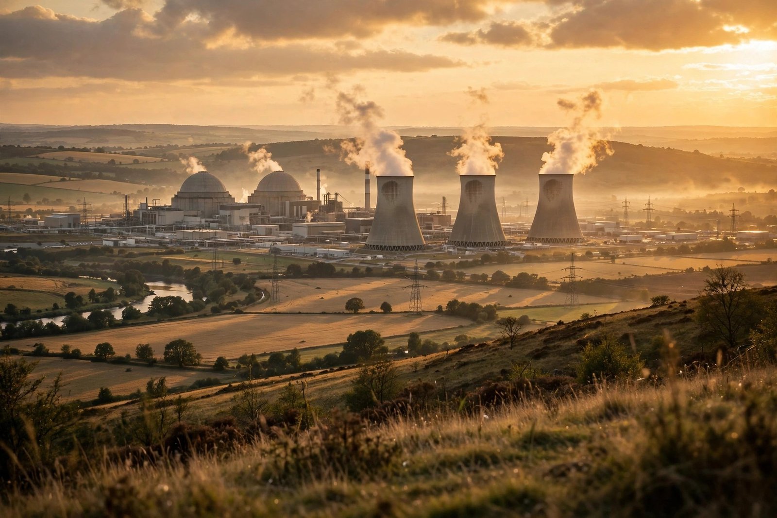 A nuclear power station with cooling towers at golden hour