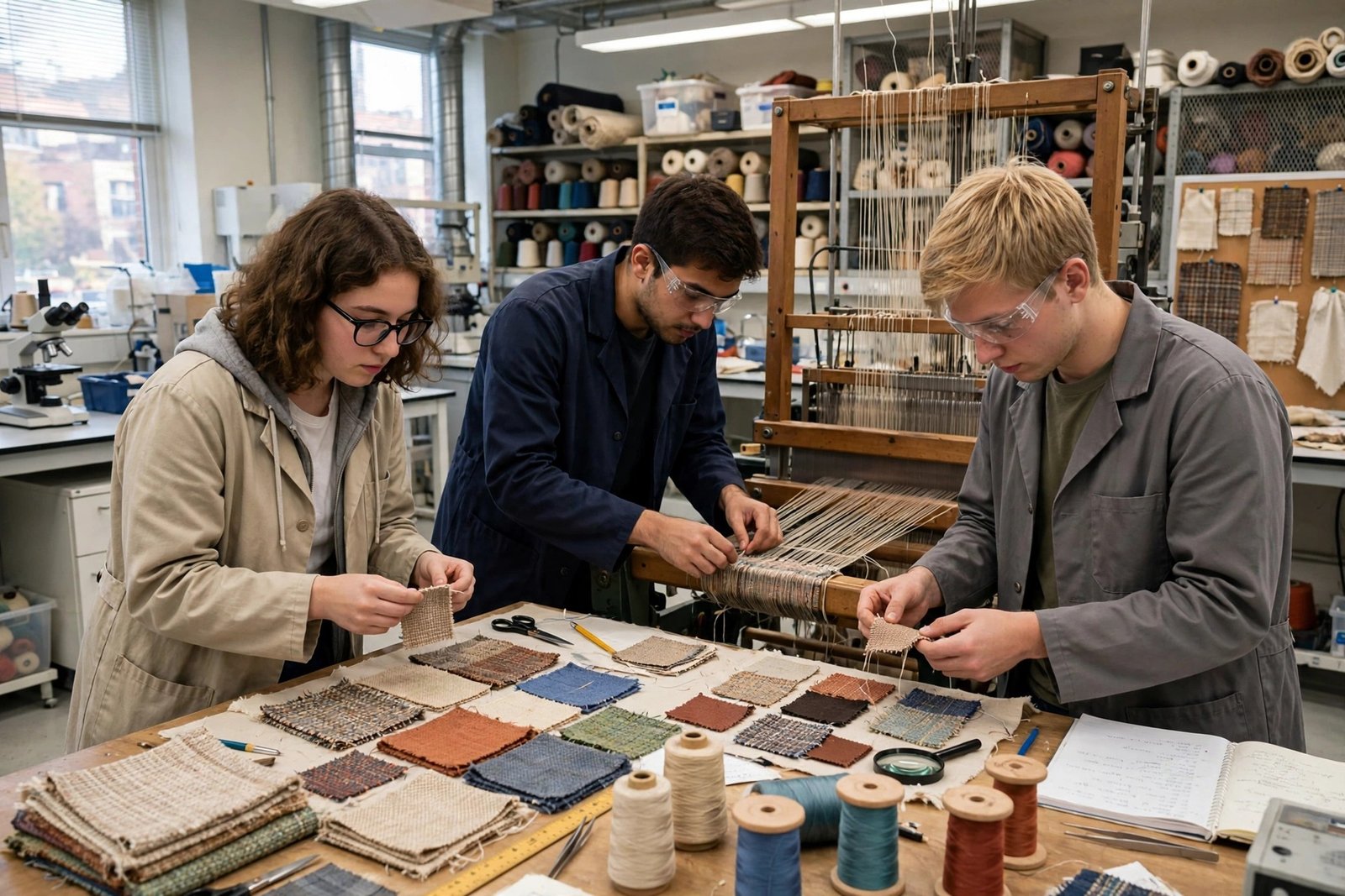 Textile engineering students working with fabric samples and weaving machinery