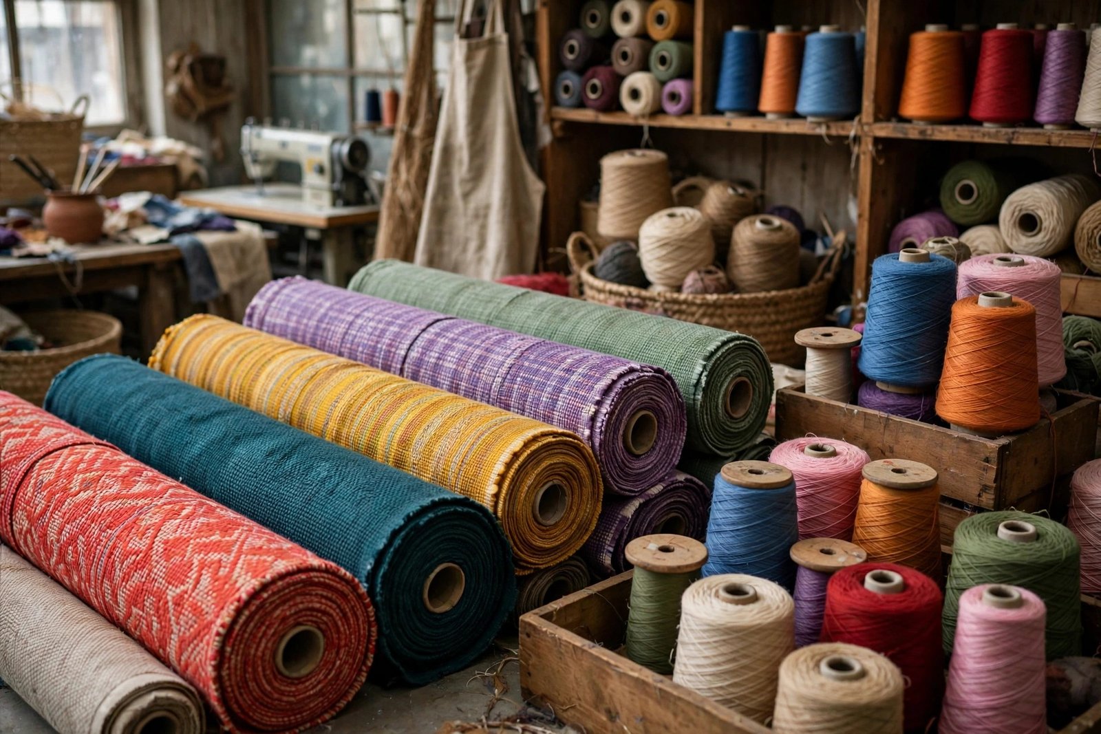 Rolls of woven fabric and yarn spools in a textile workshop