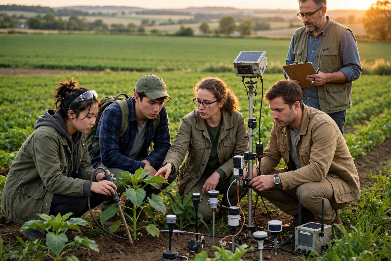 Agricultural engineering students examining crops and sensor equipment in a field