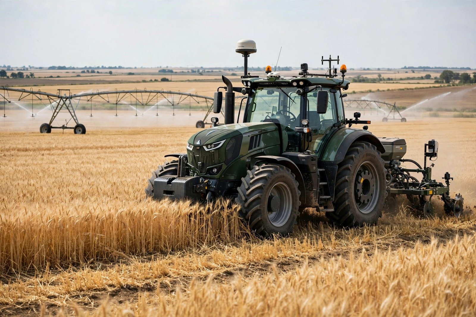 Precision farming tractor working in a wheat field