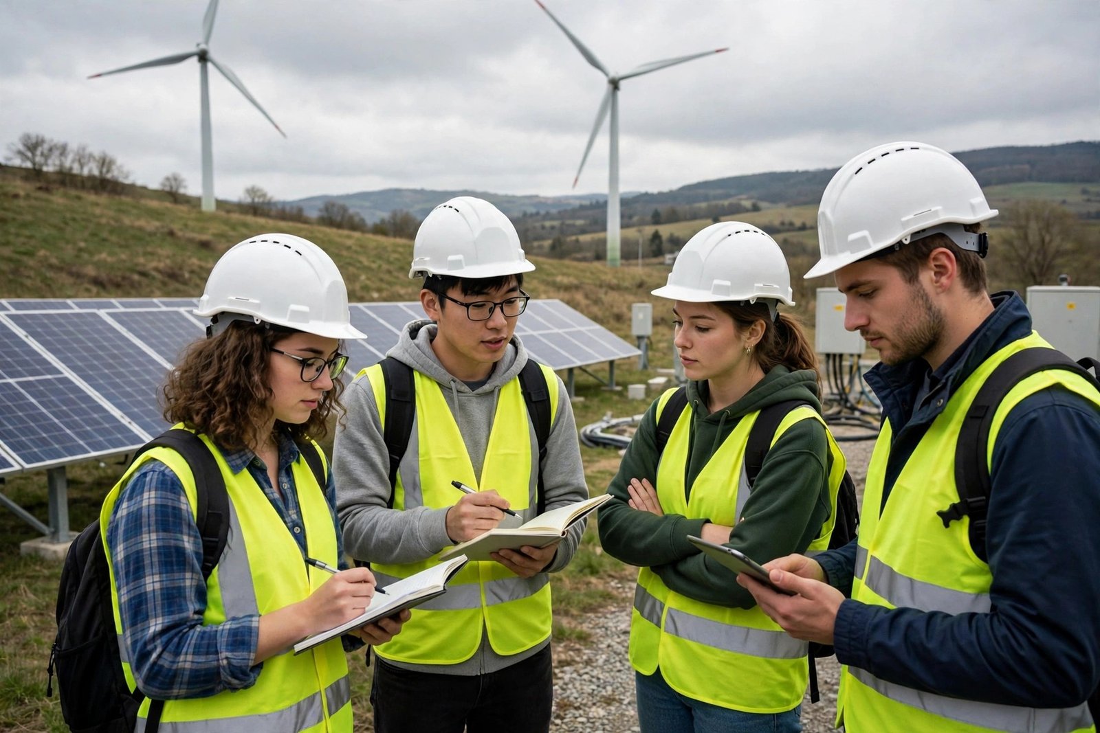 Engineering students studying wind turbines and solar panels at a renewable energy site