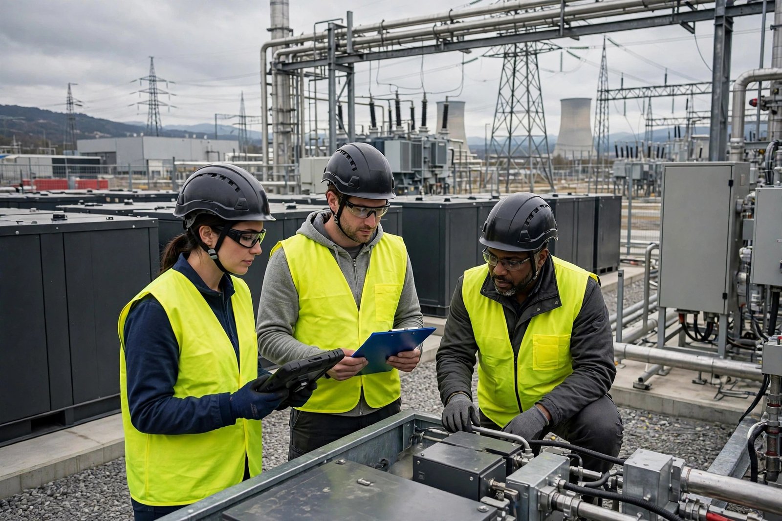 Engineers inspecting a modern power plant and energy storage facility