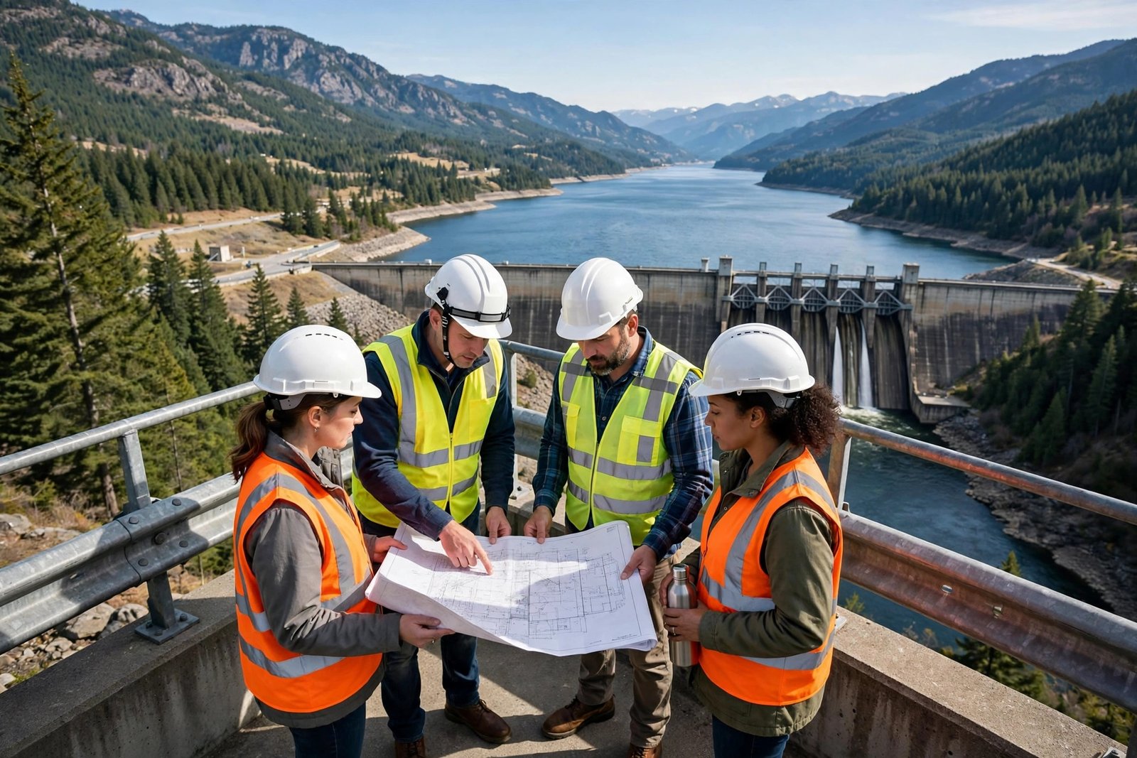 Engineers reviewing plans at a dam and reservoir