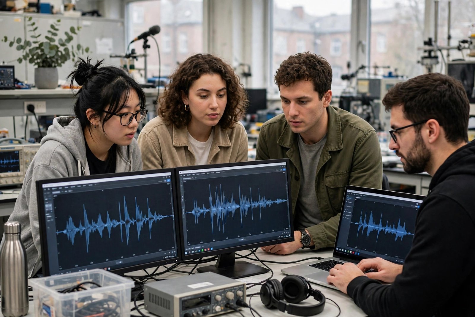 Students analysing speech sounds in a university speech science laboratory