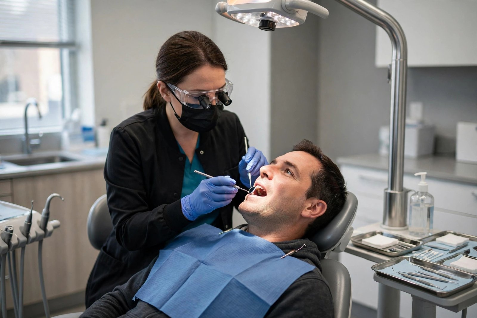 Dental hygienist examining a patient's teeth in a modern dental surgery