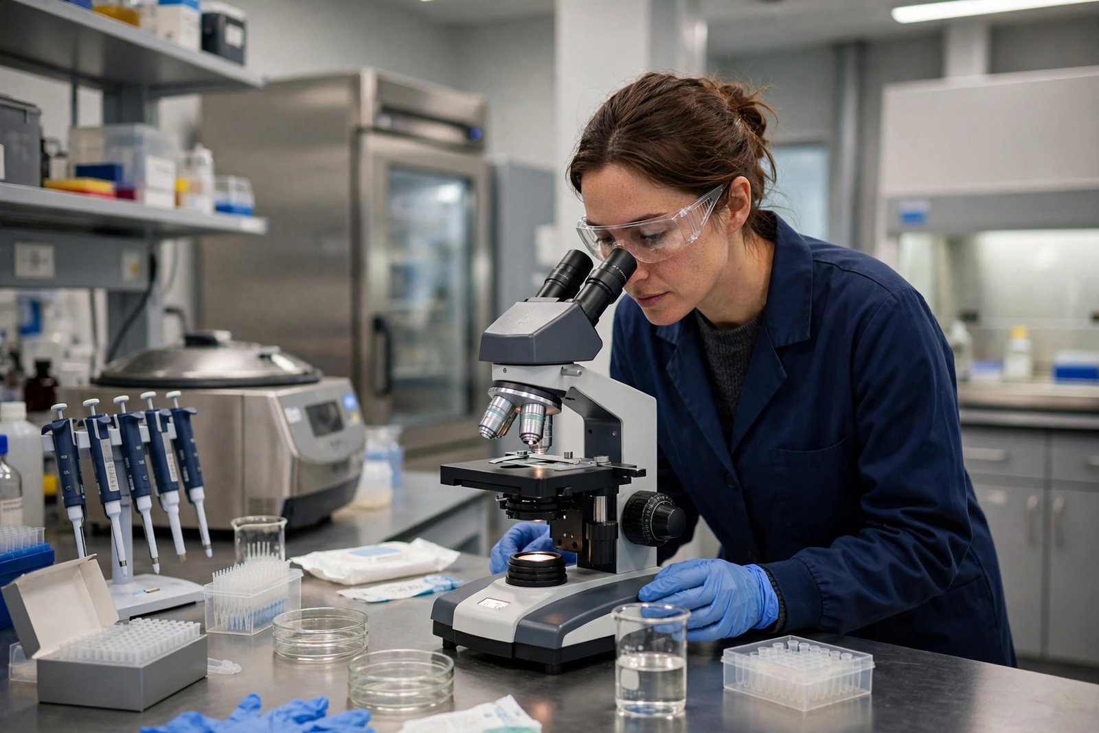 Medical laboratory scientist examining samples under a microscope in a hospital diagnostic laboratory
