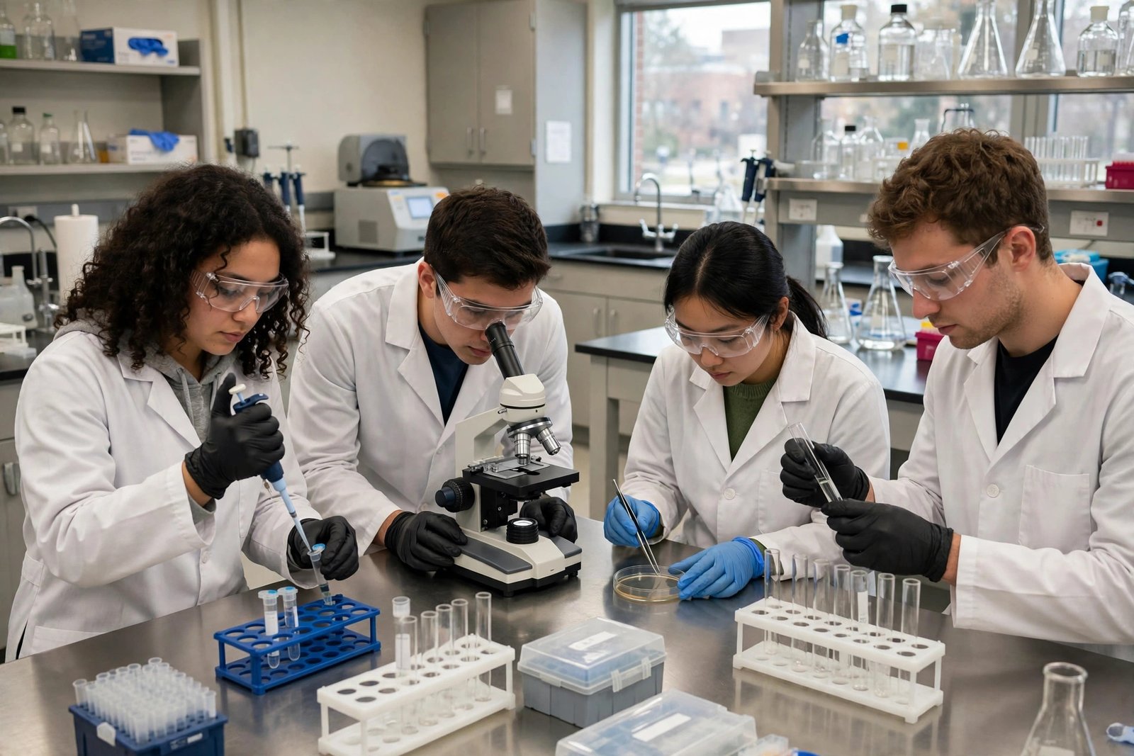 Students practising haematology sample preparation in a medical laboratory science teaching laboratory