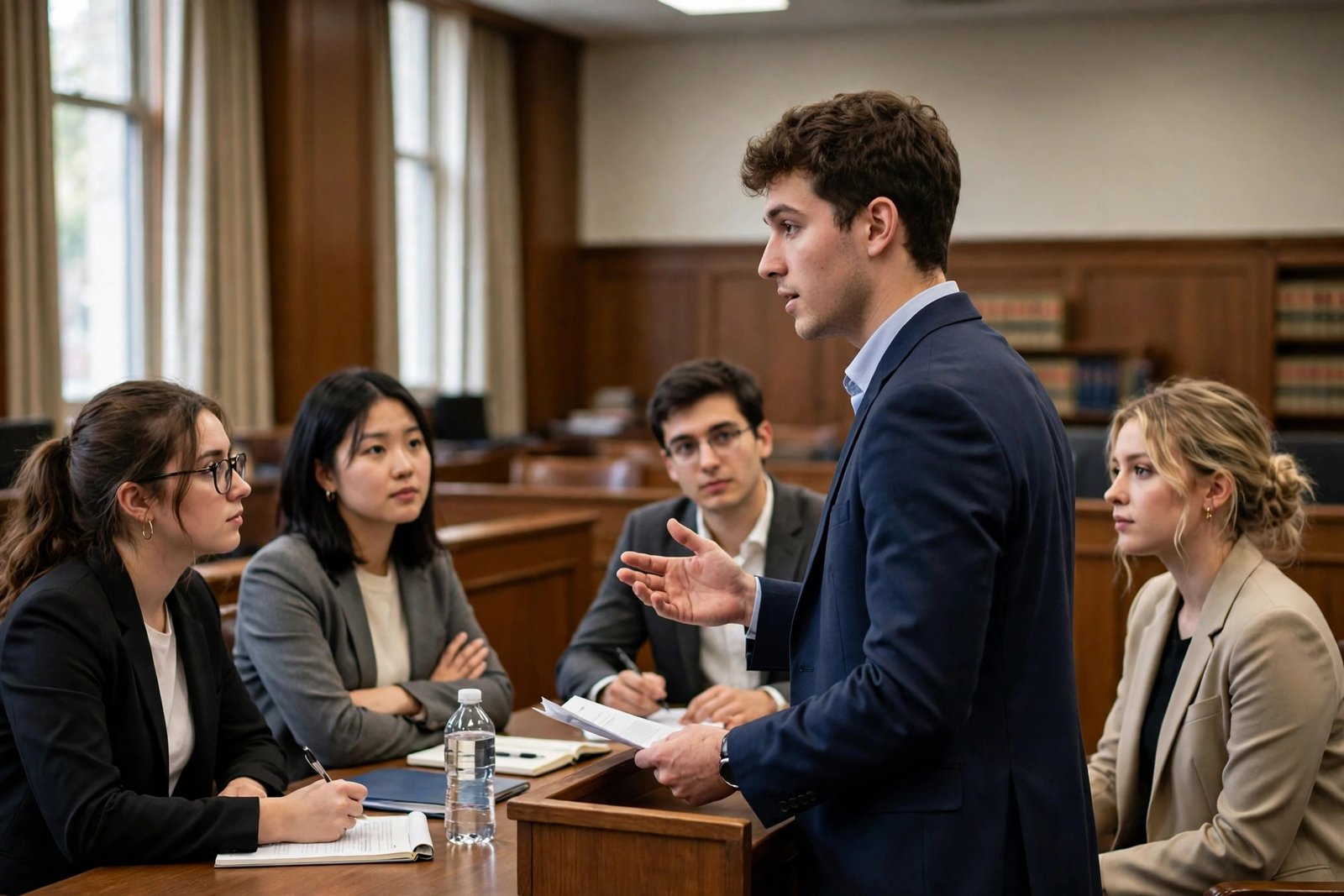 Law students practising advocacy in a moot court room