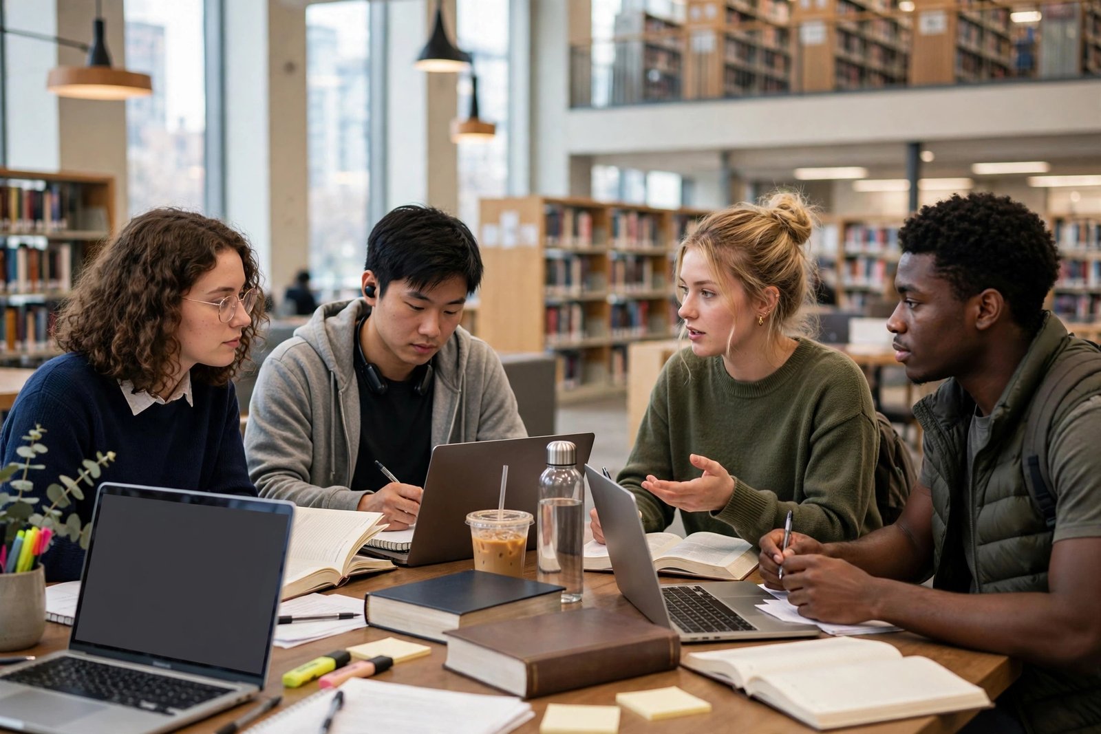 Undergraduate students studying law and politics in a university library