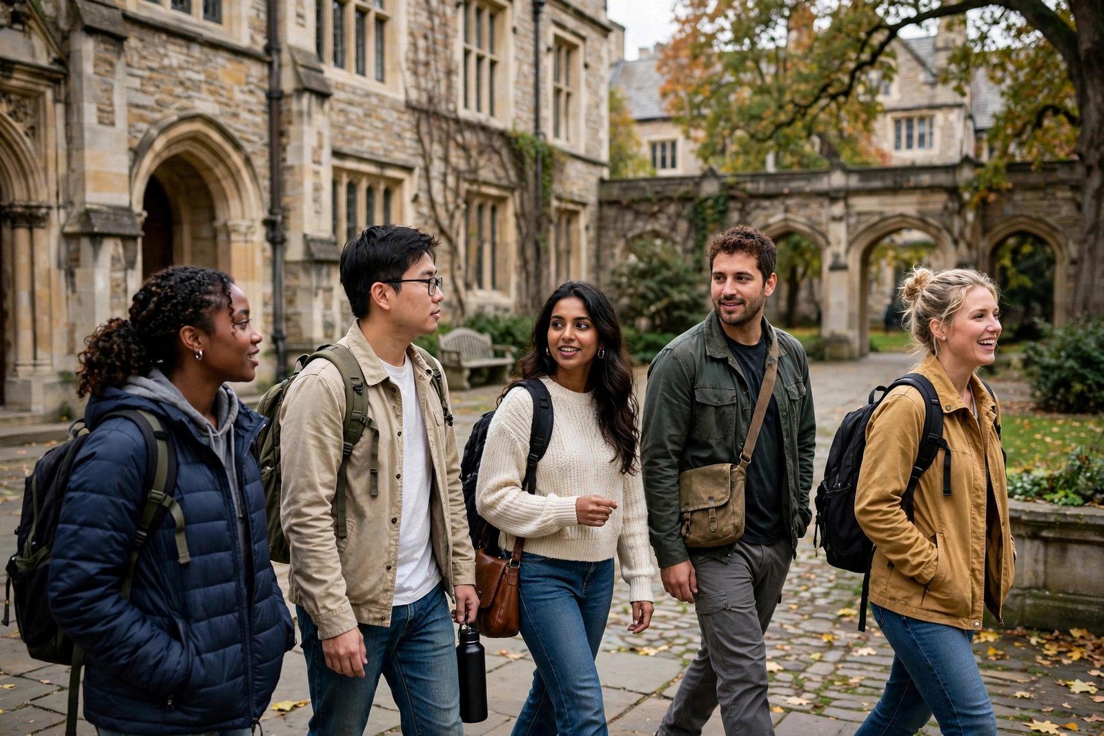 Students walking across a historic university campus