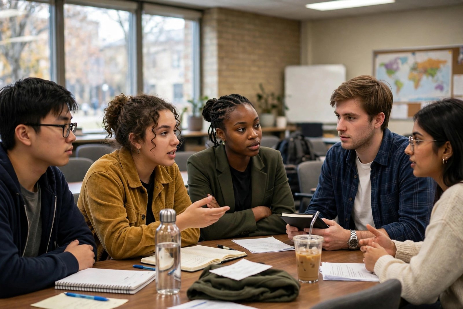 International relations graduate students debating in a university hall