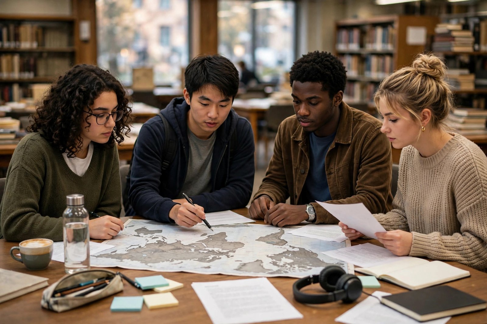 Graduate students studying global politics in a university library