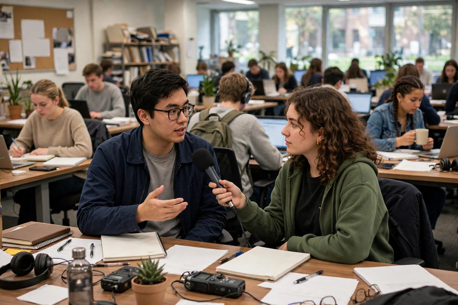 Journalism students working in a university newsroom