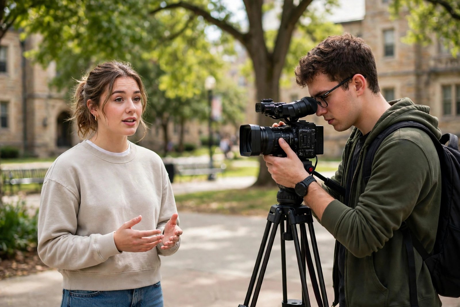 Journalism student filming a broadcast report on a university campus