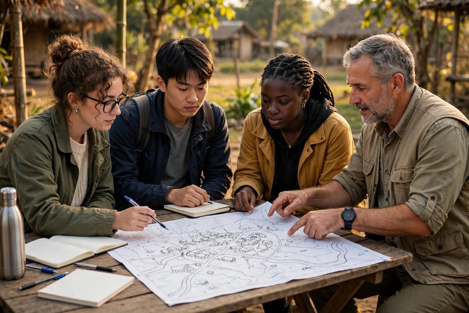 Development studies students reviewing a community project plan outdoors