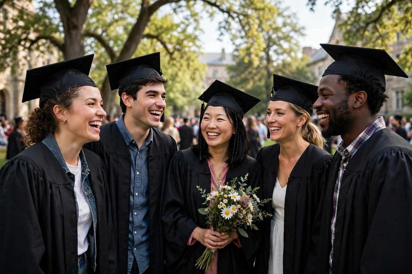 Graduates celebrating at a university graduation ceremony outdoors