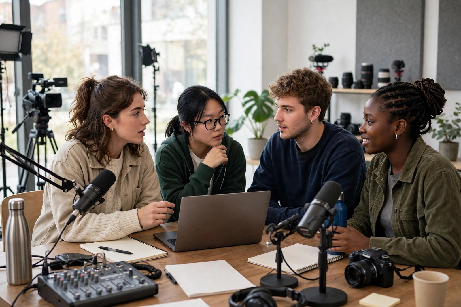 Communication studies students discussing a presentation in a university media studio
