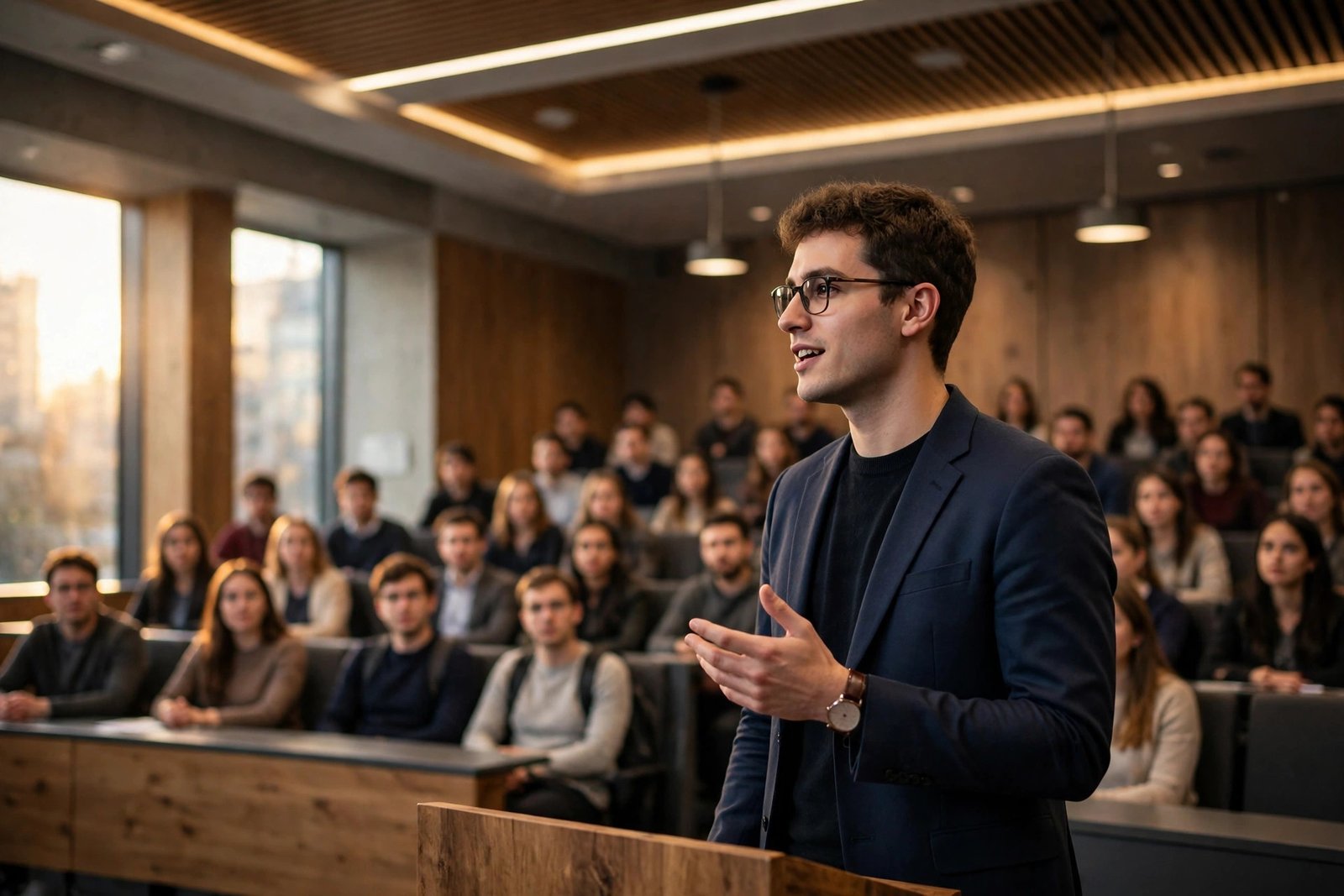 A communication graduate presenting to an audience in a lecture hall
