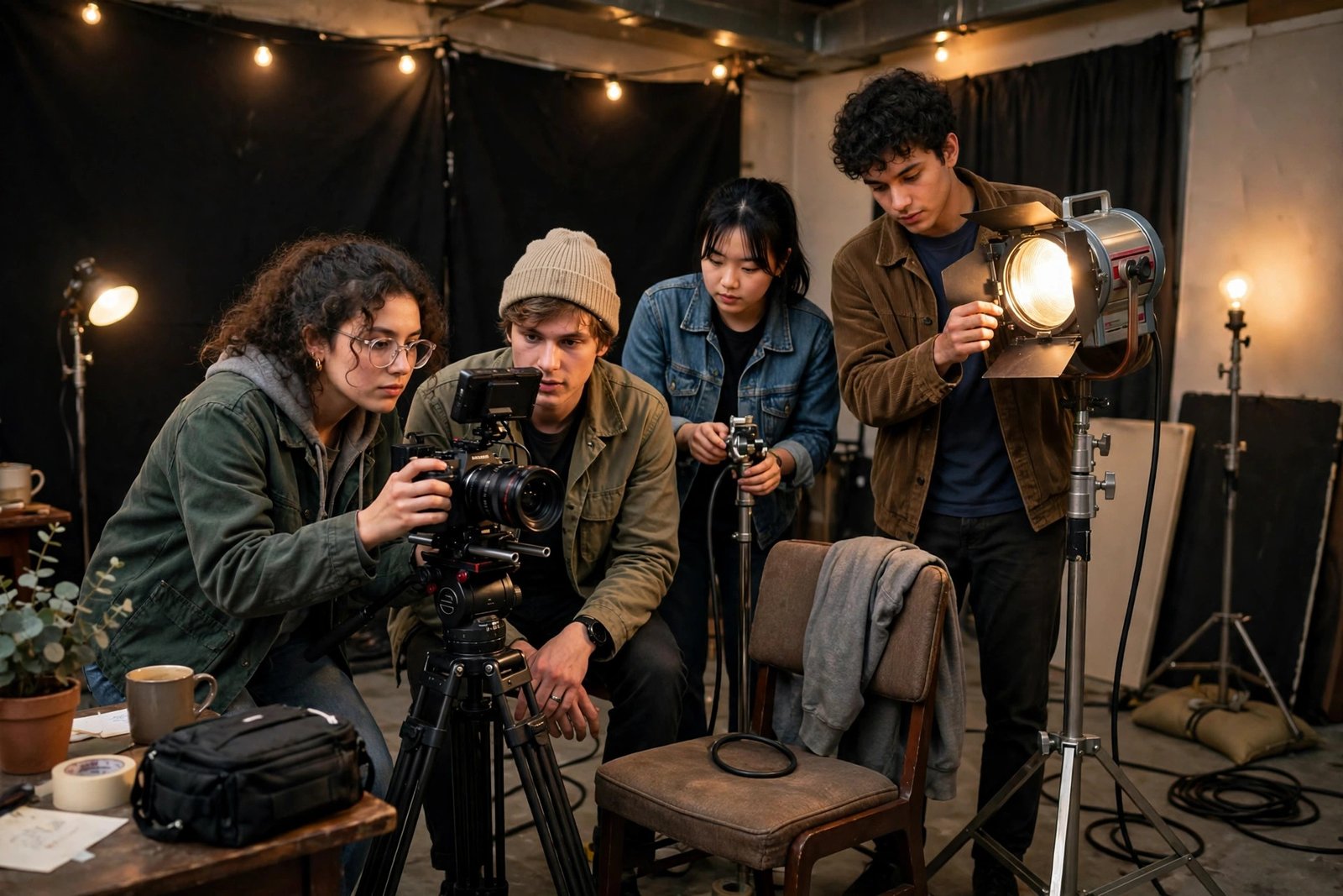 Film studies students working on a small film set with a camera and lighting