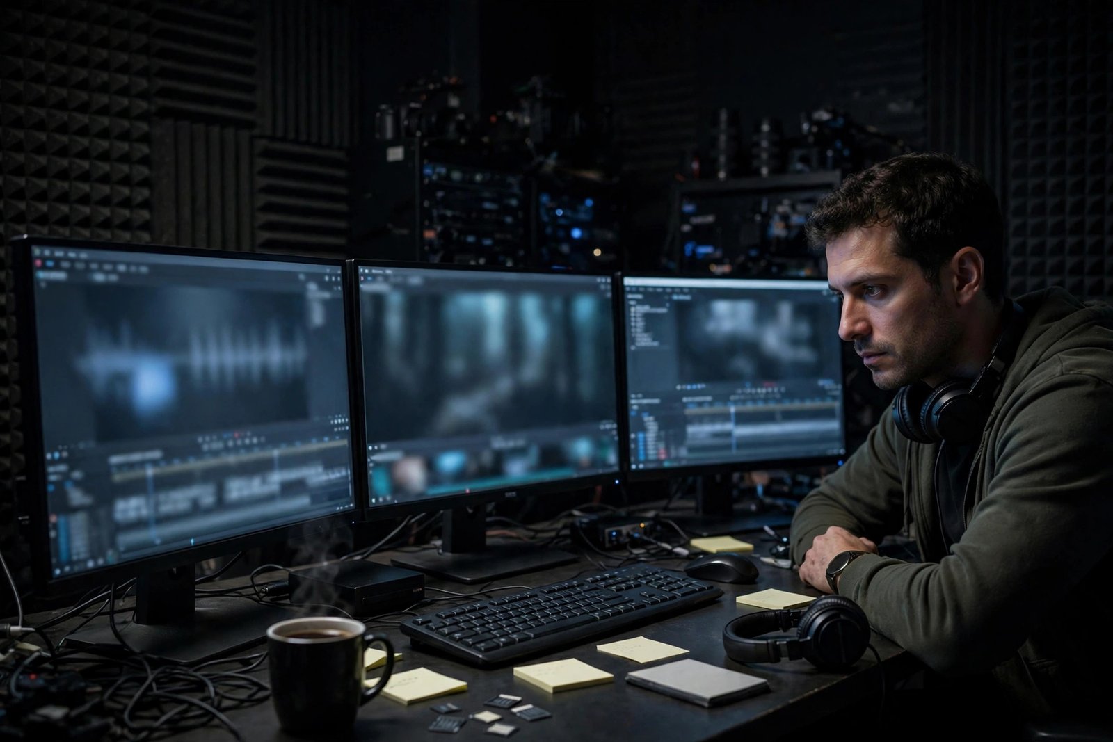 A film editor reviewing footage at an editing desk in a studio