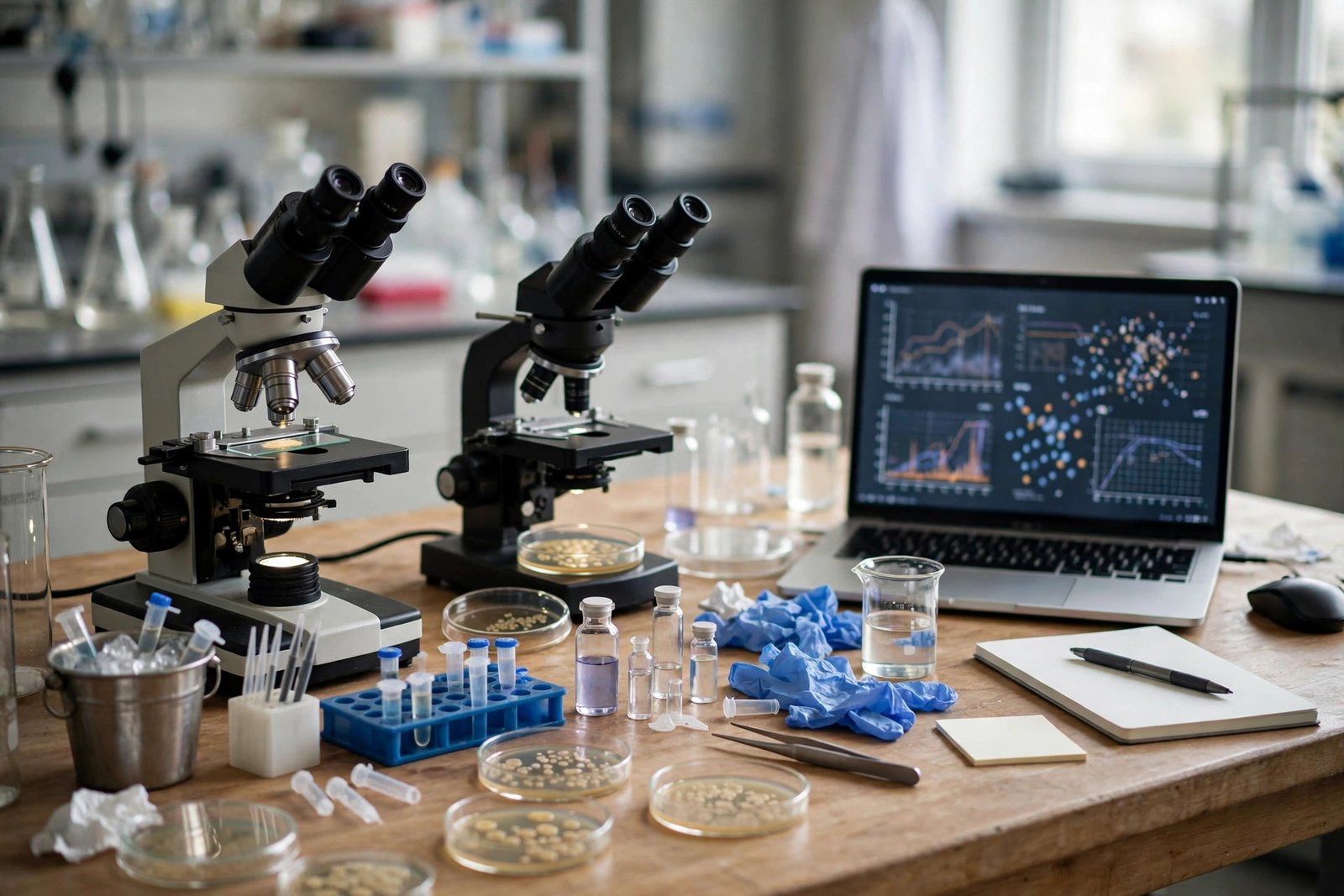 A researcher working with laboratory samples beside a computer in a modern life-sciences lab