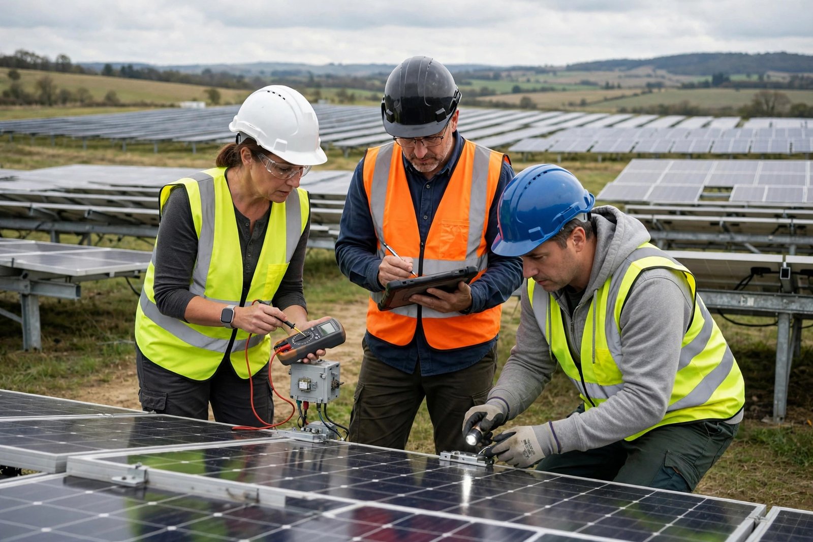 Graduate students and an engineer reviewing a building energy dashboard and solar installation plans in a campus energy lab