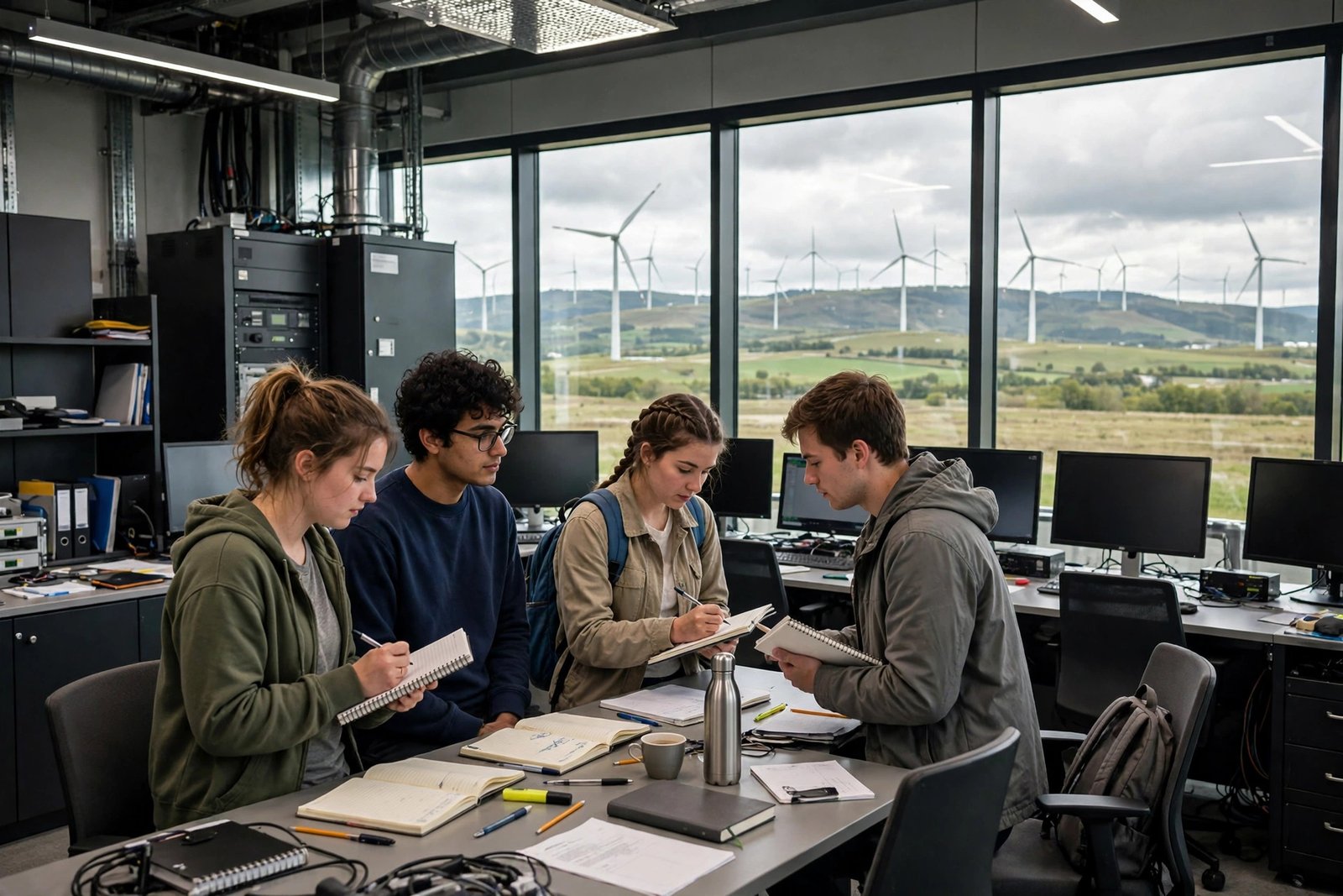 Wind turbines and solar panels on a hillside with engineers walking a service path