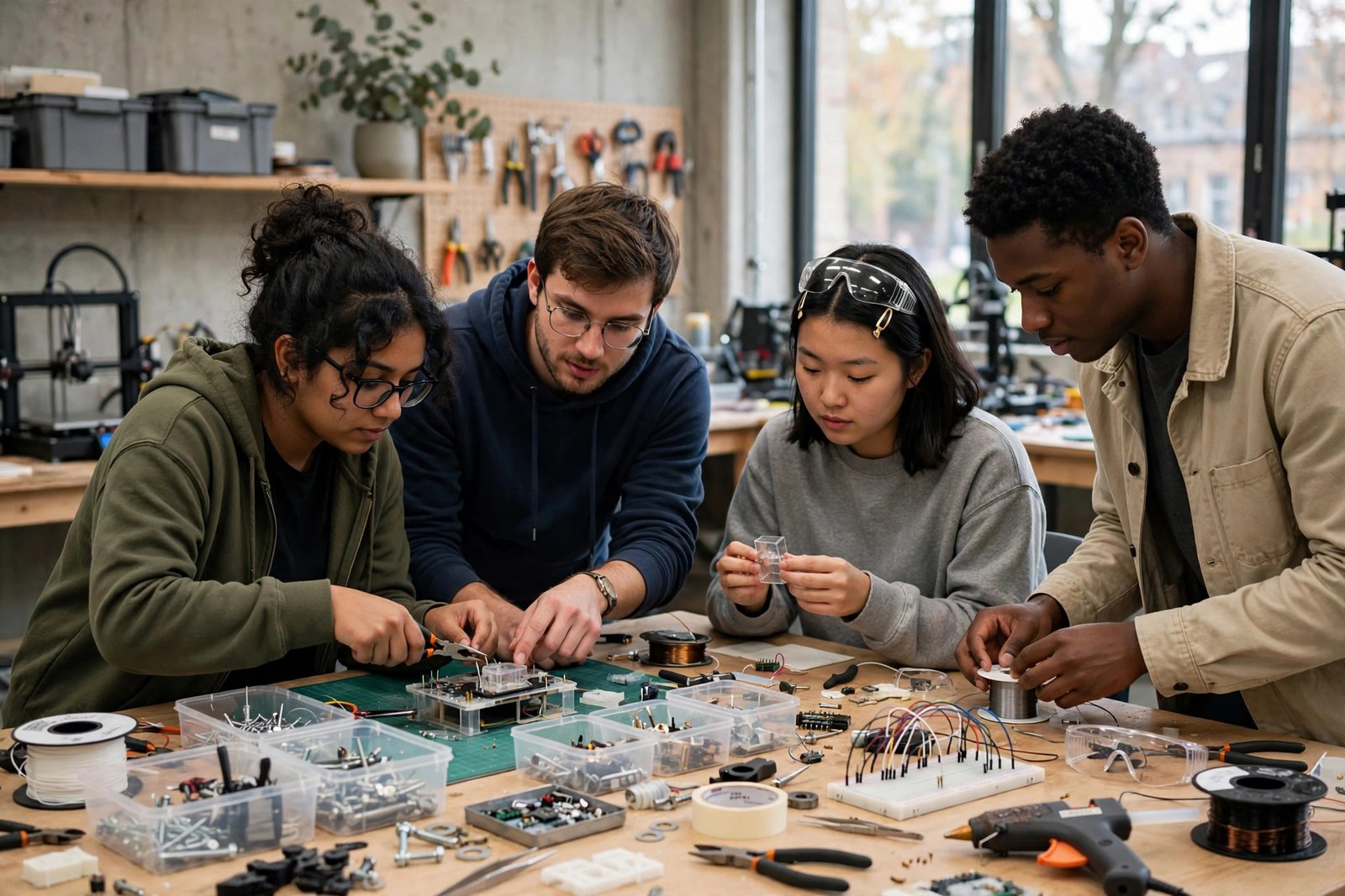 A student presenting a prototype to listeners in a modern university incubator space