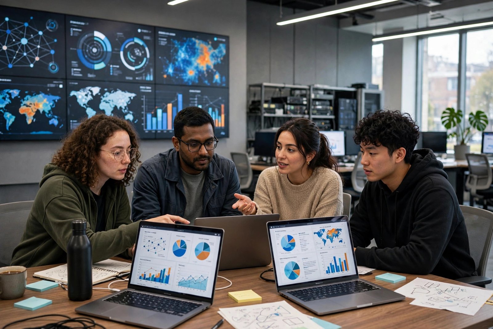Graduate students in a university computer lab collaborating on a digital transformation project
