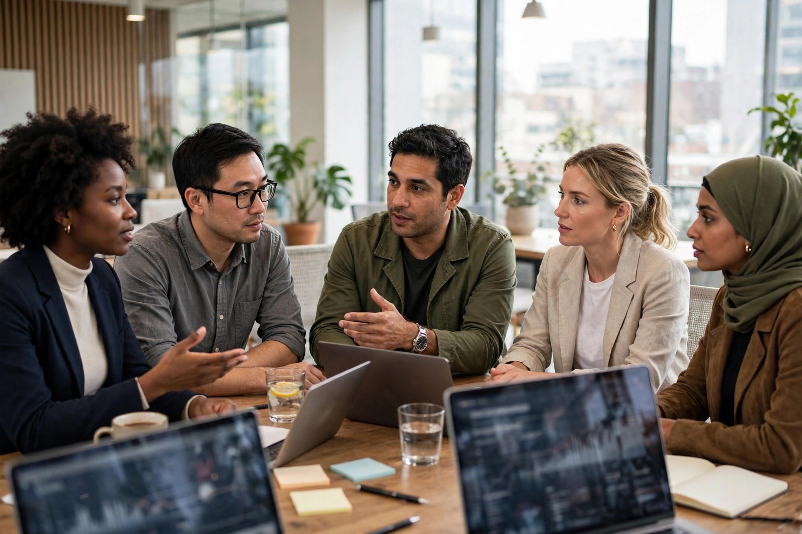 A business team discussing a digital strategy around a table with laptops in a modern office