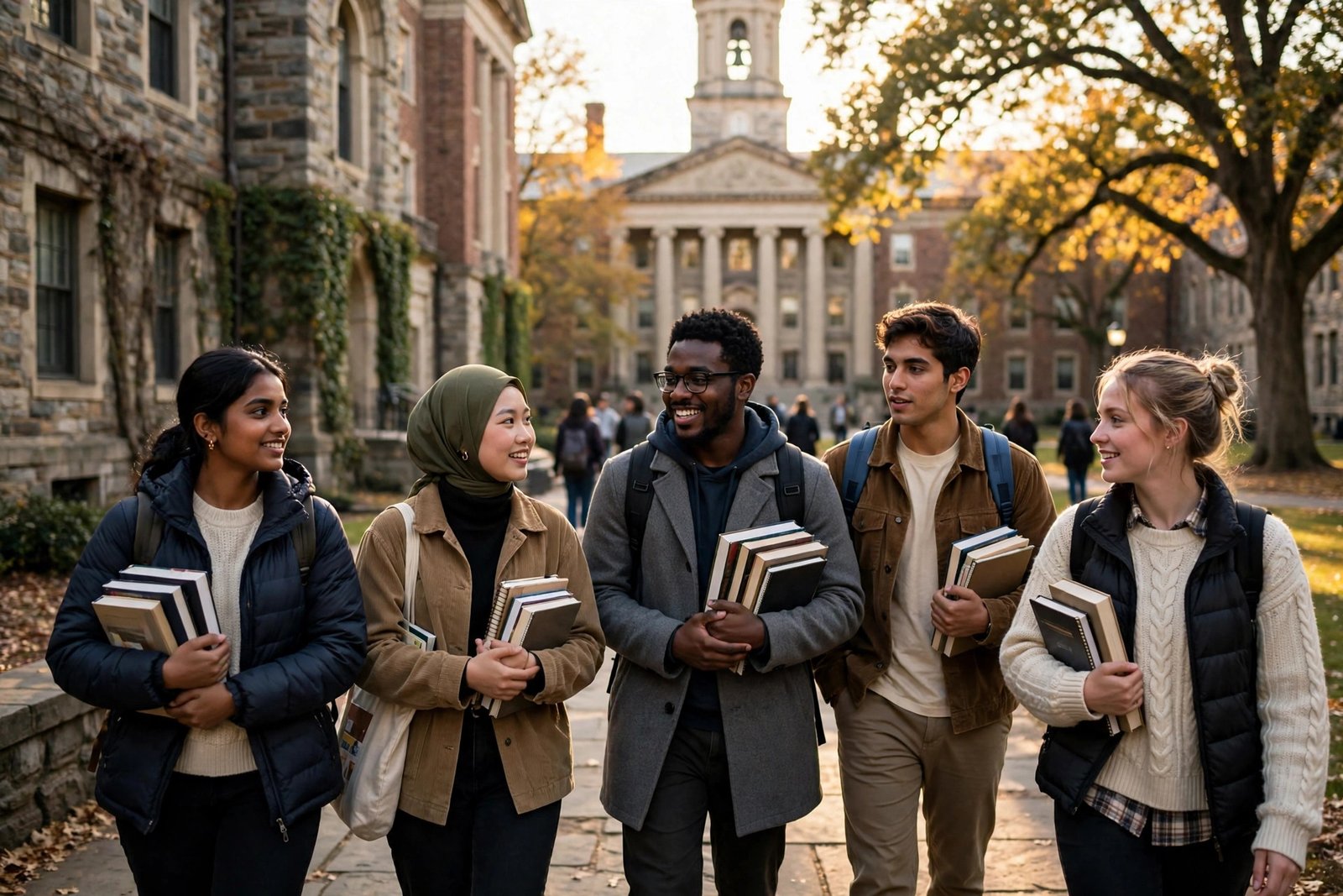 International students walking across a US university campus while researching scholarships in the USA
