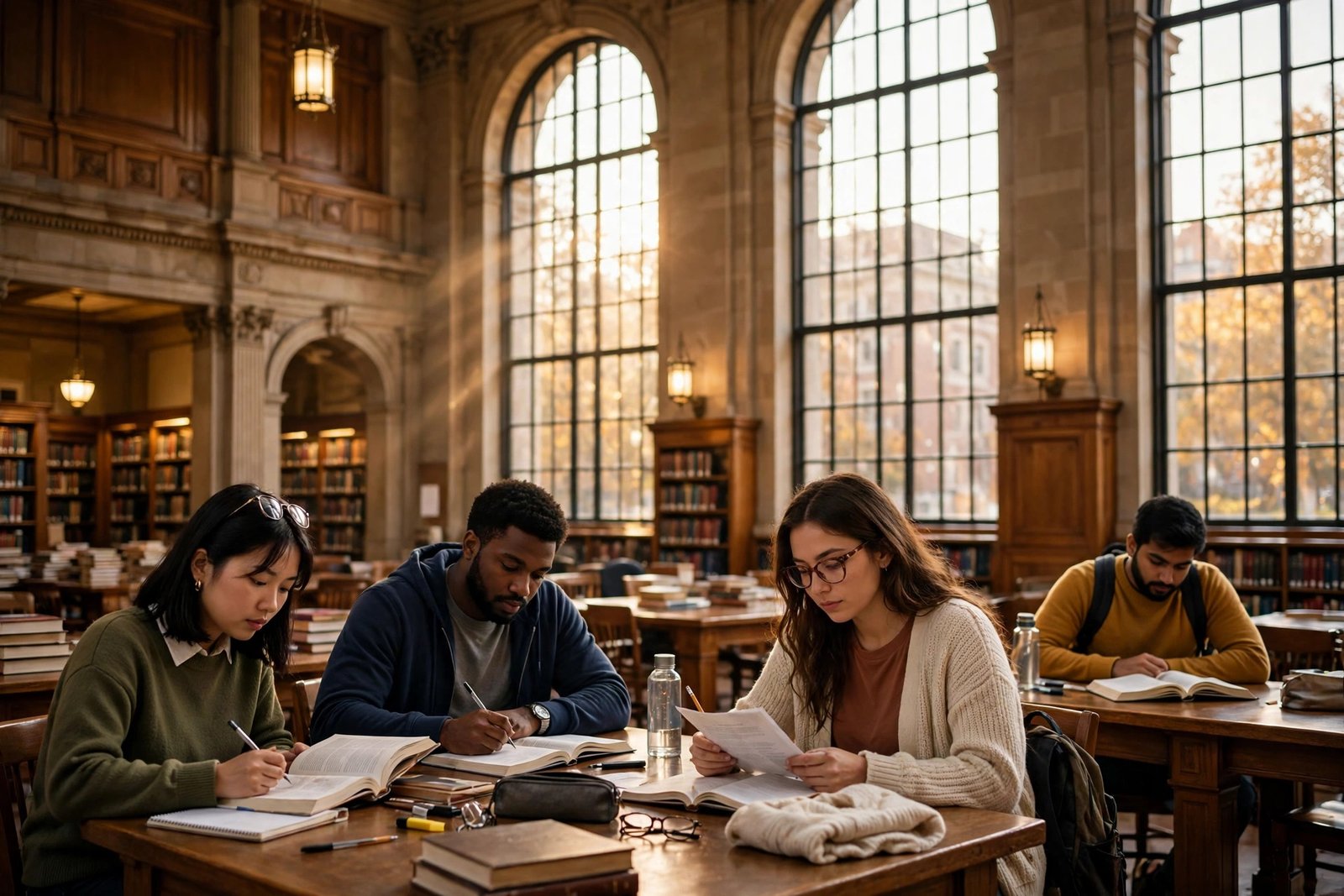 Graduate students reading in a grand US university library while preparing scholarship applications