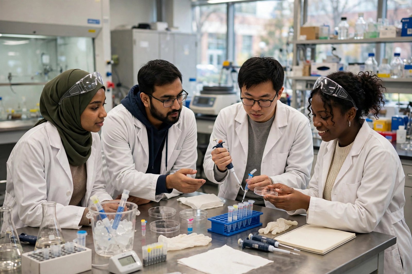 Graduate researchers working in a US university laboratory on fully funded scholarships