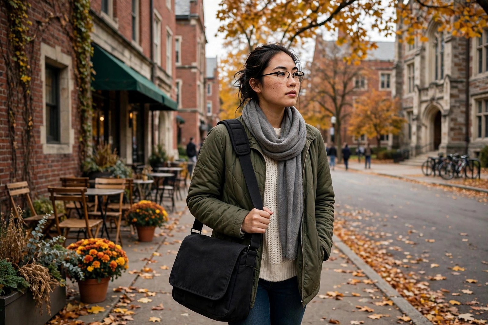 A master's student walking through an American college town while searching for master's scholarships in the USA