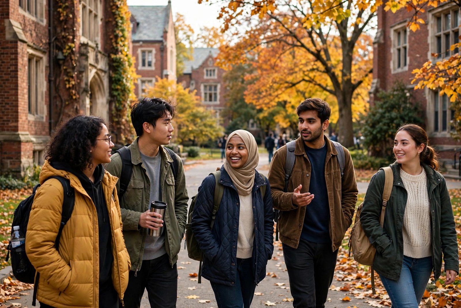 Undergraduate international students walking on a US university campus in autumn