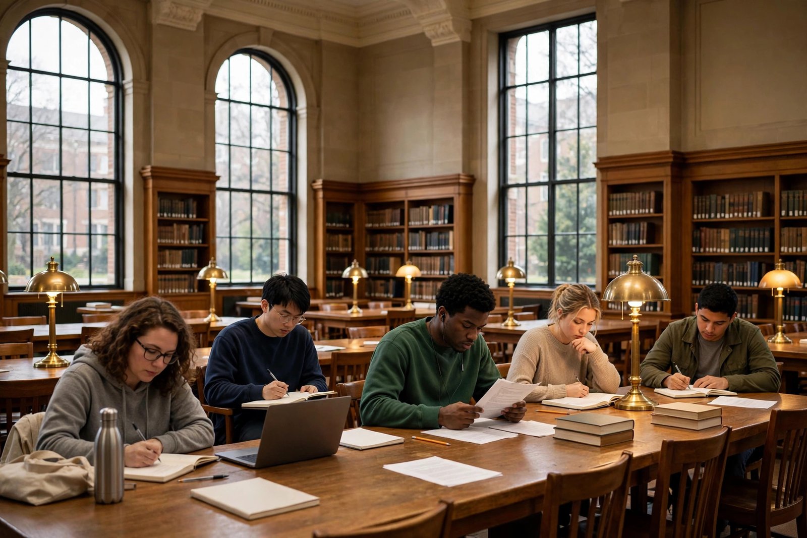 Students studying in a US university library reading room while preparing scholarship applications