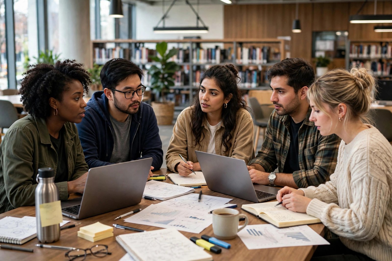 Doctoral students collaborating on research in a US university library