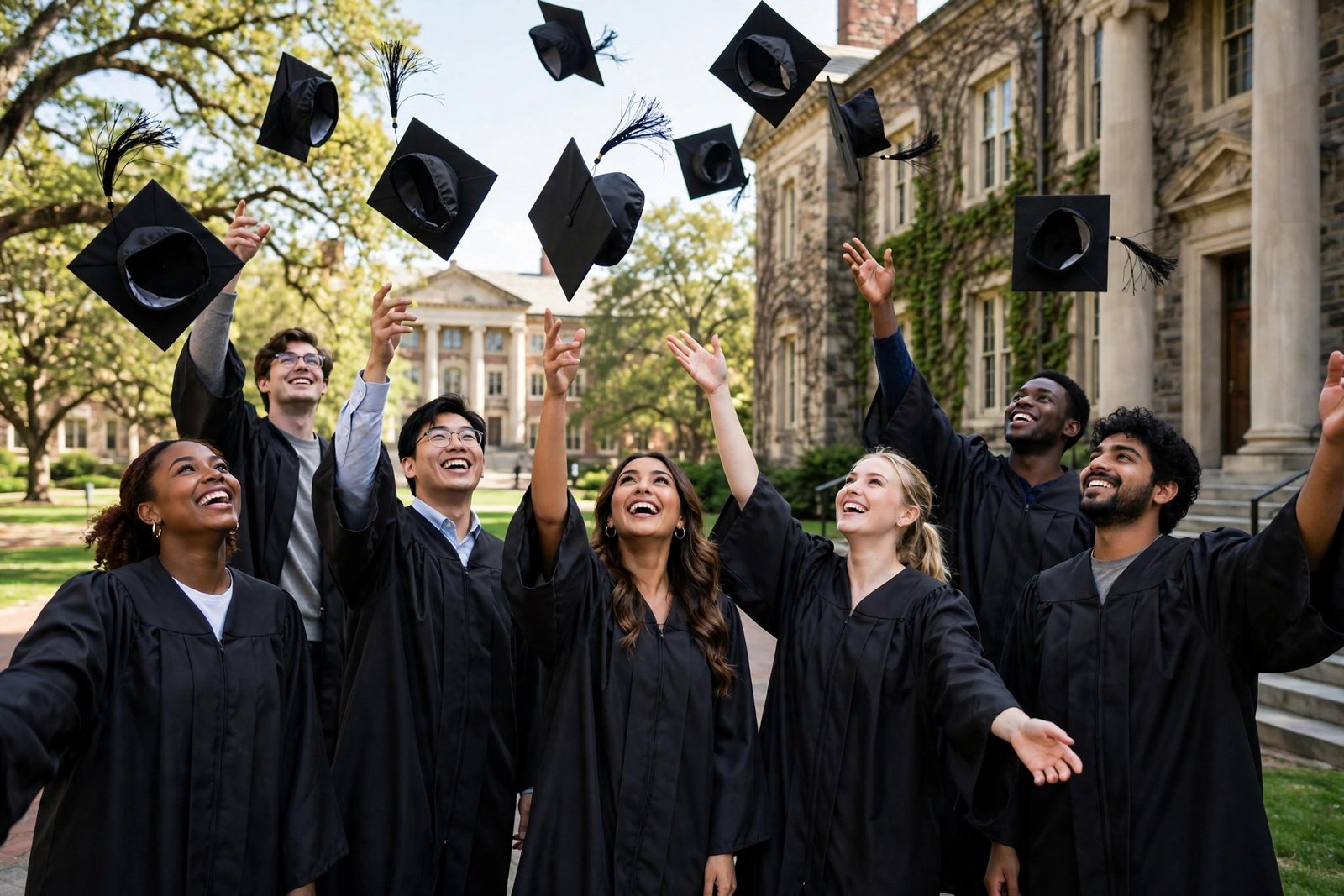 Graduates celebrating on a US university campus after a government exchange programme