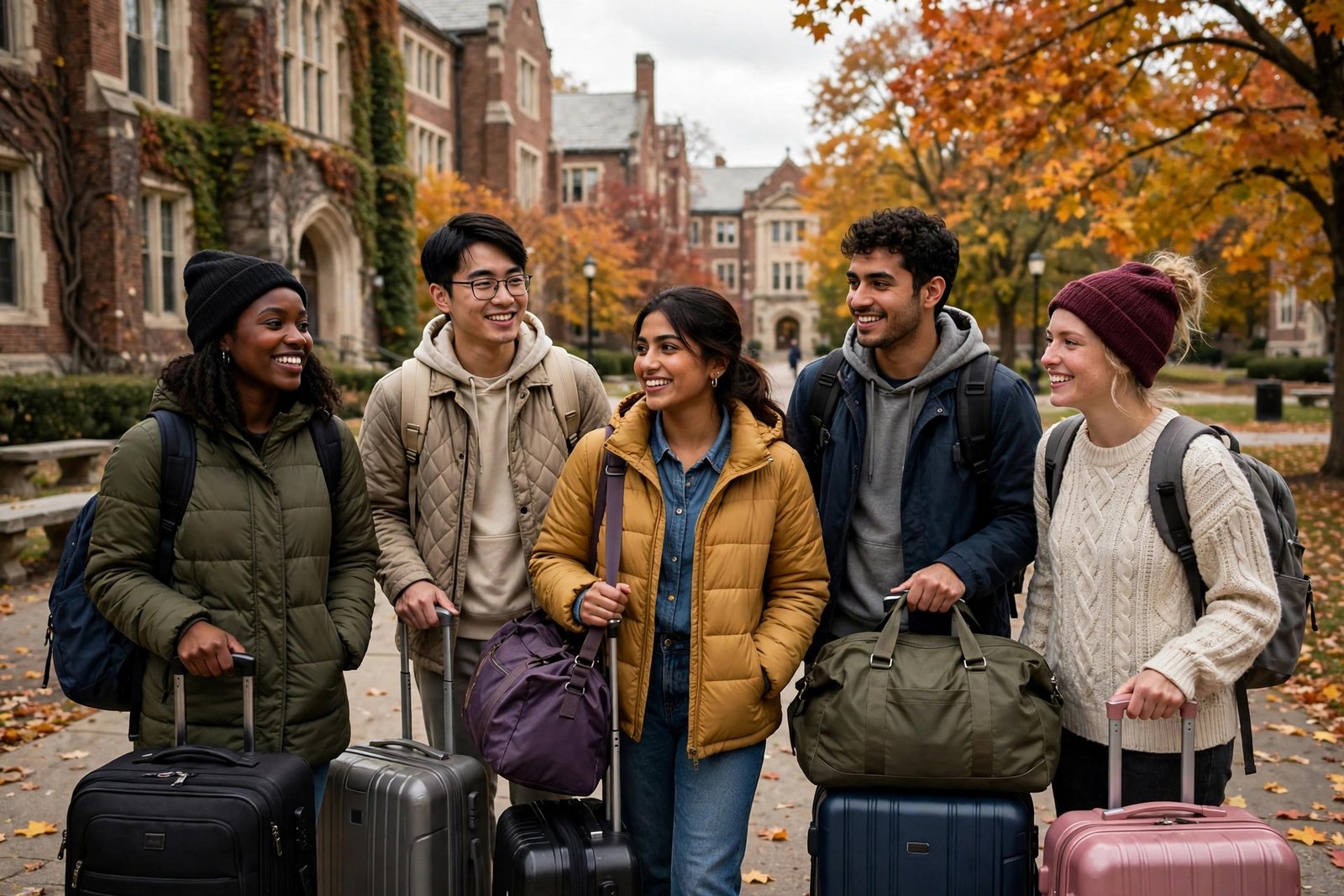 International exchange students arriving at a US university campus