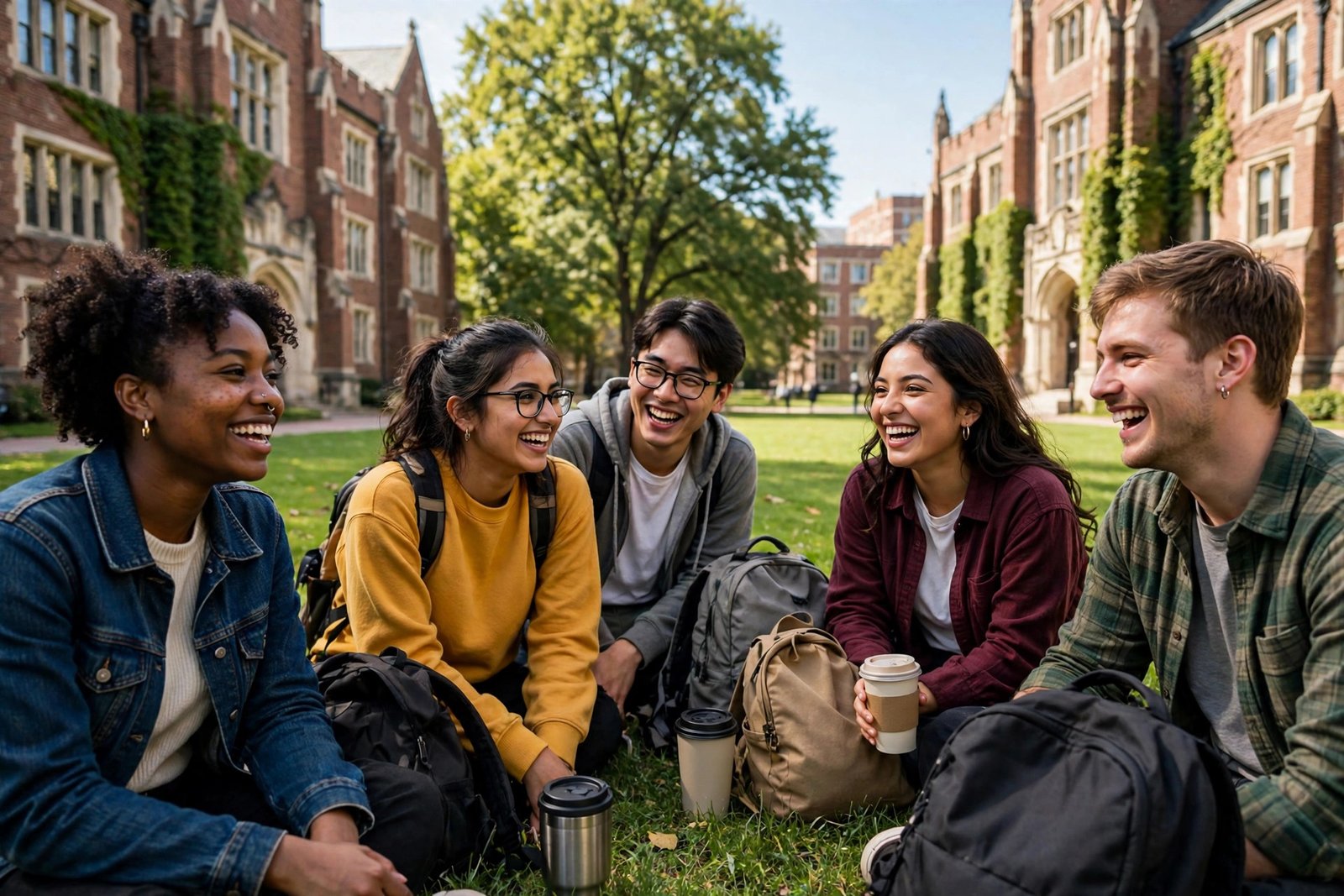 International students talking on a US university campus after admission without IELTS