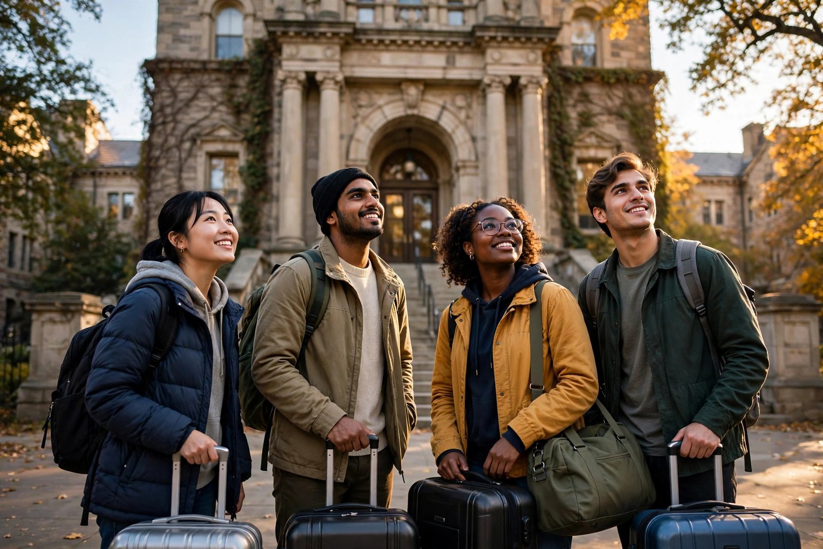International students arriving at a US university campus for the Fall 2027 intake