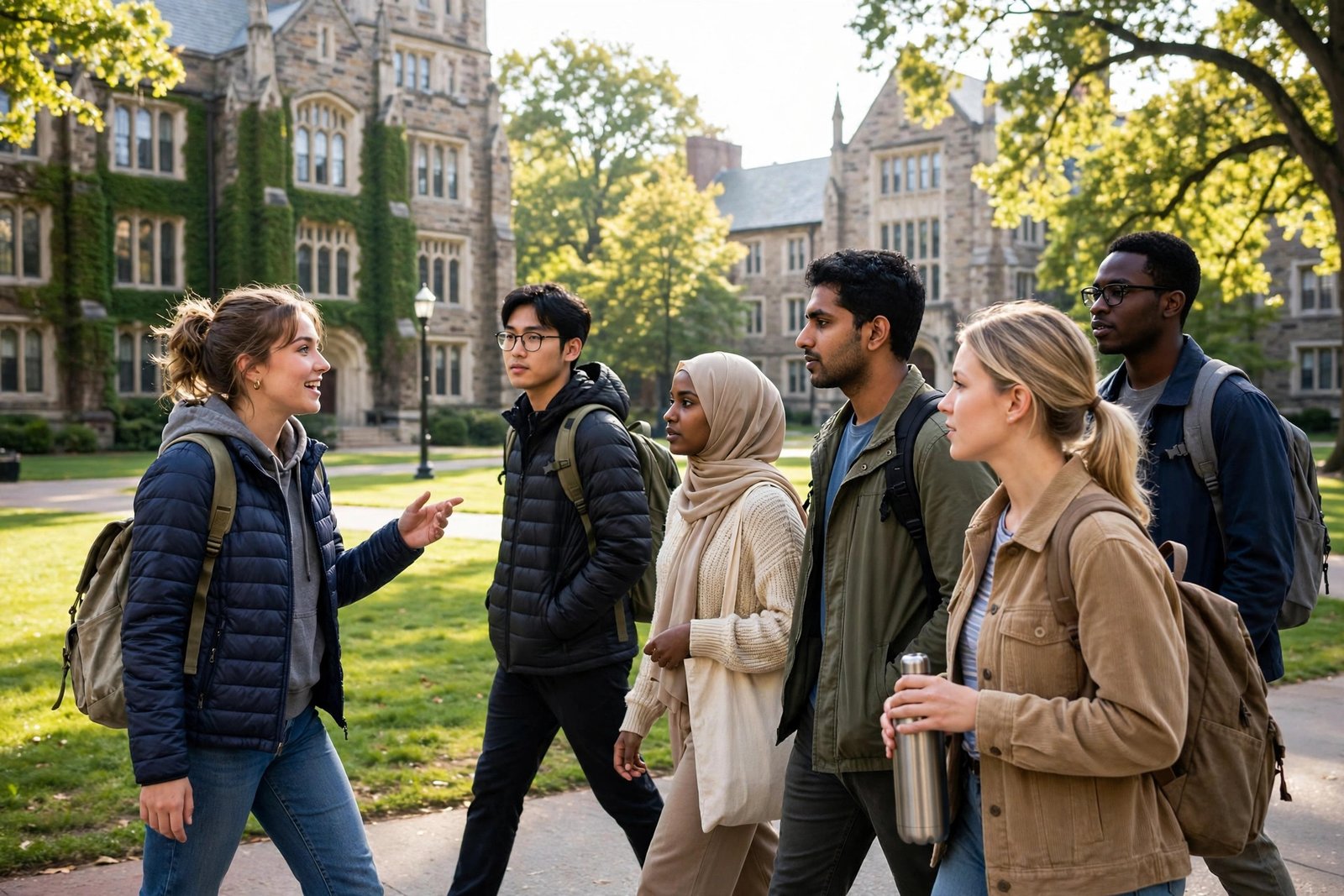 Campus tour group of international students exploring a US university before applying