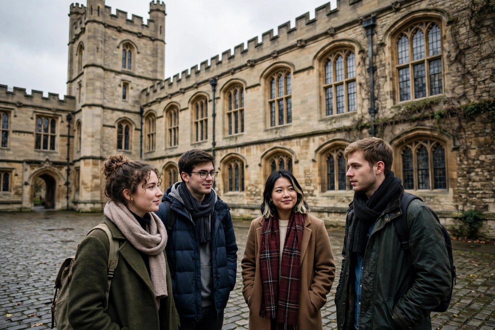 Students in front of a historic British university building applying for UK scholarships 2026/2027